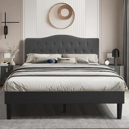 Miniatura 14 de VECELO Armazón de Cama Tamaño Individual Plataforma Tapizada con Cabecera Ajustable Acolchada/Base de Colchón con Soporte de Listones de Madera, Gris