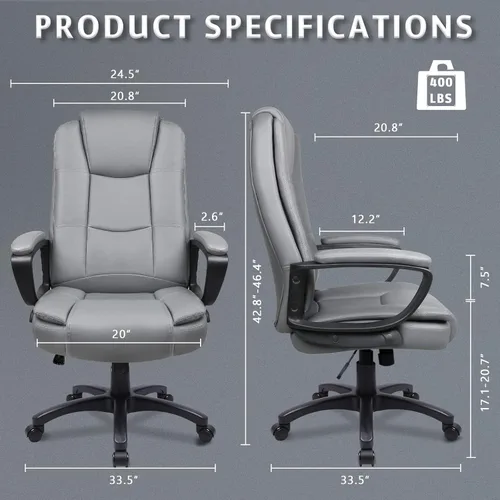 Miniatura 3 de LEMBERI Silla de escritorio de oficina, silla ejecutiva de computadora con respaldo alto, ergonómica, grande y alta, sillas de piel sintética Gris