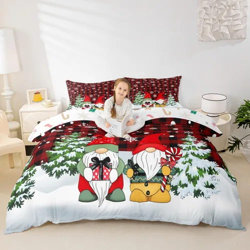 Miniatura 55 de Juego de funda de edredón para niños con diseño de Navidad, tamaño individual, camiones rojos y árboles de pino con copos de nieve, decoración