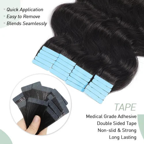 Miniatura 6 de Urbeauty 40 extensiones de cabello con cinta adhesiva, negro, ondulado, invisible, 100% cabello humano real, 3.53 oz/paquete, color negro natural