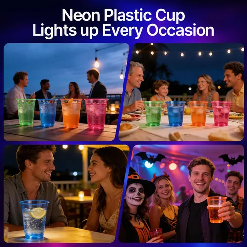 Miniatura 3 de Paquete de 120 vasos de fiesta que brillan en la oscuridad, vasos de plástico neón de 12 onzas, vasos desechables multicolor para fiestas de luz
