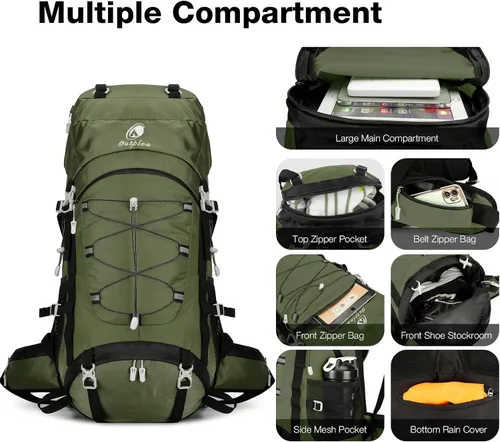 Miniatura 3 de Mochila de senderismo impermeable de 60L con cubierta de lluvia para hombres y mujeres, mochila de camping grande, verde Verde oscuro