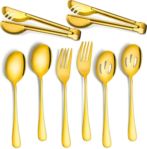 Miniatura 8 de Patelai Juego de 8 utensilios de acero inoxidable negro para servir, cucharas grandes de 8.7 pulgadas y cuchara ranurada, tenedores de 9.45