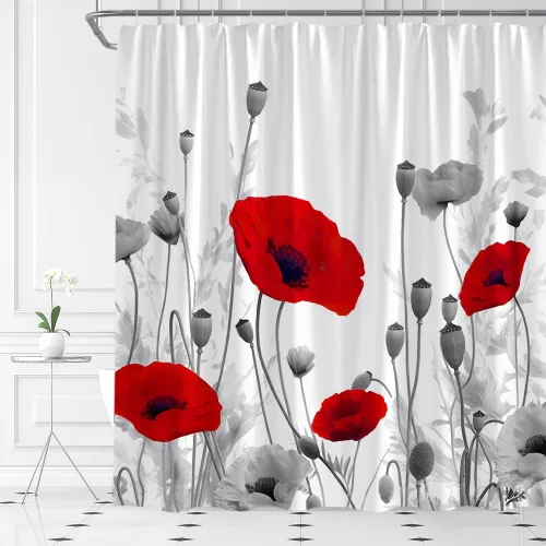 Cortina de ducha floral rojo y gris, elegante, color negro y blanco, retro, amapola, flores abstractas, hojas de plantas grises, juego de decoración