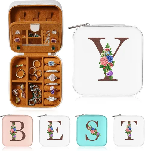 Yesteel Joyero de viaje Pequeño organizador de joyas con iniciales, cajas de joyería esenciales de viaje para mujeres, cumpleaños, mamá, amigas,
