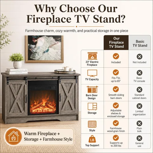 Miniatura 7 de 4 EVER WINNER - Centro de entretenimiento con chimenea para TV de 65 pulgadas, puerta corrediza de granero, soporte de TV de estilo rústico con Gris