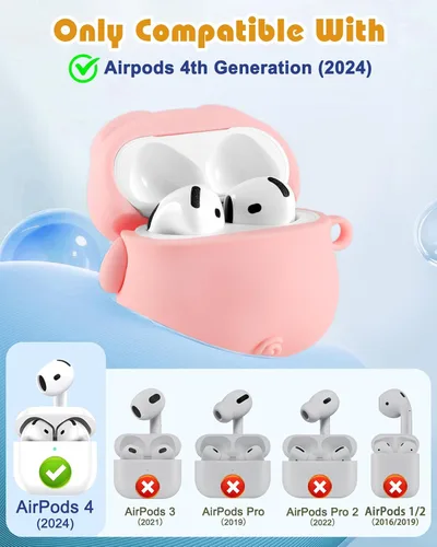 Miniatura 2 de Funda para AirPods 4 con llavero – Elegante a la moda para mujeres y niñas, de silicona 3D, diseño de perro kawaii femenino femenino único divertido