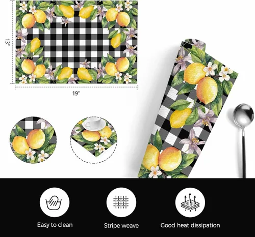 Miniatura 6 de Juego de 4 manteles individuales de verano con diseño de limón, lavables, de PVC, color negro y blanco, a cuadros amarillos, manteles individuales