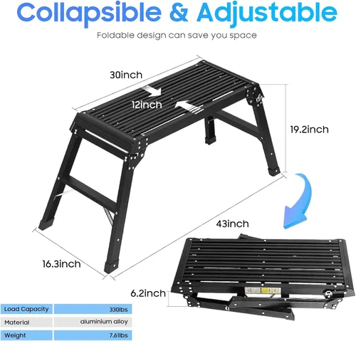 Miniatura 3 de LEADALLWAY Escalera de plataforma de trabajo de aluminio de 30 x 12 x 20 pulgadas, resistente, plegable, capacidad de 330 libras, color negro