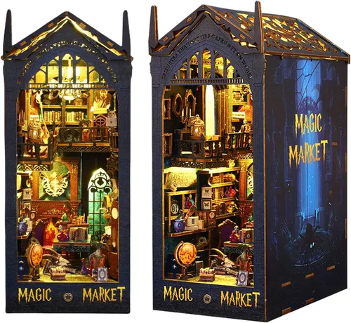 Kisoy Kit de rincón de libros, rompecabezas de madera 3D, decoración de estantería, kit de casa en miniatura para adultos y adolescentes, mini casa