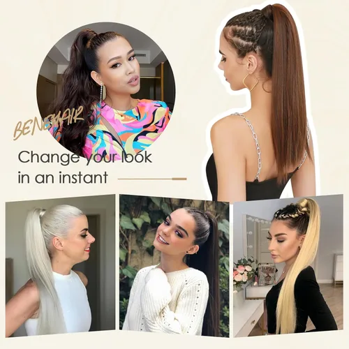 Miniatura 6 de Benehair Extensión de cola de caballo envolvente con pasta mágica, extensiones de cabello humano natural largo lacio de una pieza para mujeres, 22