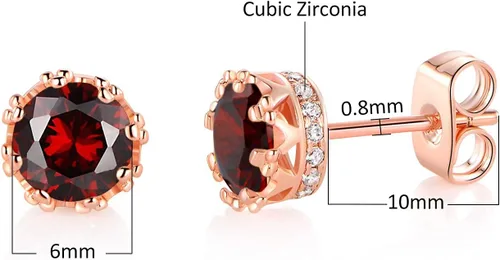 Miniatura 32 de MDFUN Aretes chapados en oro rosa para mujer, 0.236 in, corona brillante redonda, piedra natal, regalo de cumpleaños