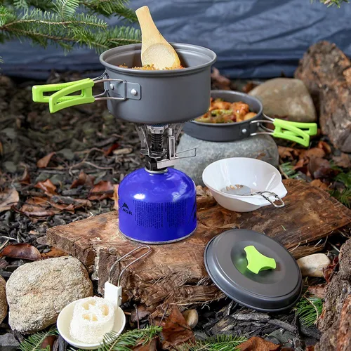 Miniatura 8 de MalloMe Kit de utensilios de cocina de camping para equipo de mochilero – Juego de cocina de camping – Juego de ollas y sartenes – Estufa