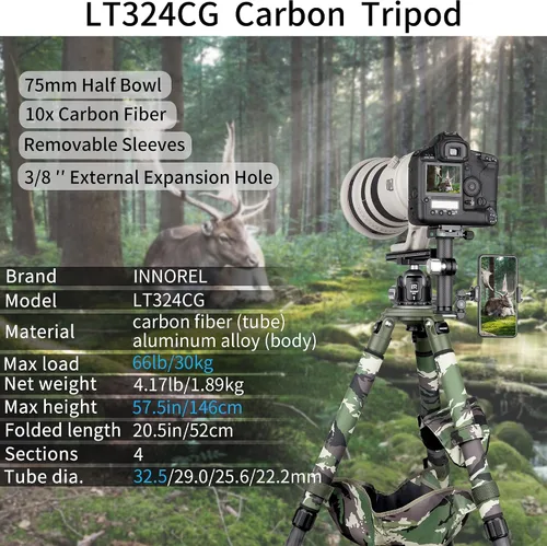 Miniatura 2 de Trípode portátil de fibra de carbono INNOREL LT324CG profesional resistente para cámara, fotografía de pájaros, DSLR, carga máxima de 66 libras/66.1