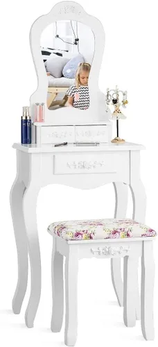Miniatura 10 de LDAILY Juego de mesa de tocador con taburete acolchado, mesa de maquillaje con espejo transparente y 3 cajones de almacenamiento, escritorio