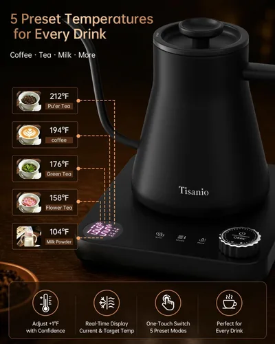 Miniatura 7 de Hervidor eléctrico de cuello de cisne para verter sobre café, control de precisión de ±1 °F, calefacción inteligente de dos etapas, 2 horas