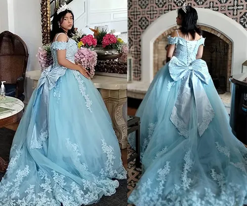 Miniatura 6 de PFTFB Vestidos de quinceañera con hombros descubiertos para mujer, vestidos de tul hinchados con tren, encaje y cuentas, vestido largo de baile