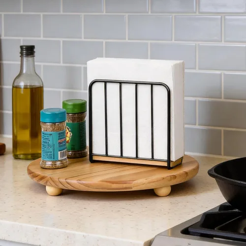 Miniatura 3 de Servilletero moderno de granja para mesa, base de madera maciza pesada con diseño de metal, dispensador vertical de servilletas para encimera