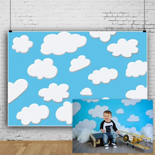 Miniatura 2 de Laeacco Fondo de dibujos animados de 7 x 5 pies, cielo azul, nubes blancas, fondo de fotografía de cumpleaños para niños, fiesta temática
