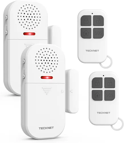 TECKNET Alarma de puerta inalámbrica con control remoto, sensor de puerta de 130 dB con flash LED, 4 modos de alerta y 5 volúmenes ajustables para