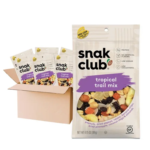 Snak Club Tropical Trail Mix con cacahuetes, papaya seca, pasas, chips de plátano, piña seca, chips de coco y almendras, aperitivo sin gluten y