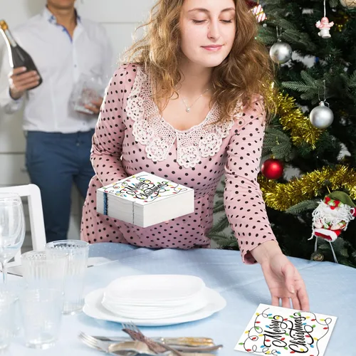 Miniatura 6 de Honoson 100 Piezas Servilletas de Cóctel con Luces de Navidad Feliz Navidad Servilletas de Papel Desechables Toalla de Cena para Invitados