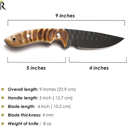 Miniatura 6 de Cuchillo de hoja fija – Cuchillo de caza de 9" recubierto en negro con punta de gota con funda de cuero - Espiga completa de acero al carbono