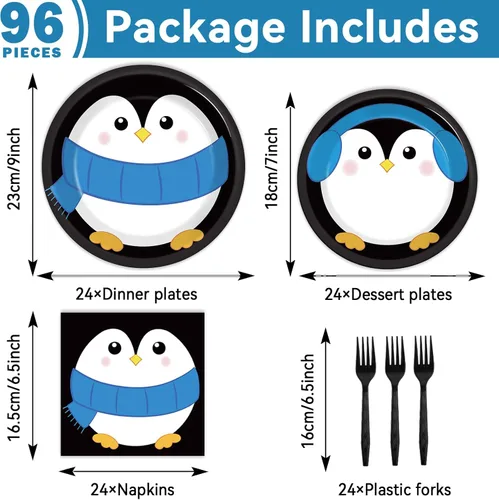 Miniatura 2 de 96 piezas de suministros para fiesta de cumpleaños de pingüino, platos de papel, servilletas, temática de invierno de pingüino, fiesta de Navidad