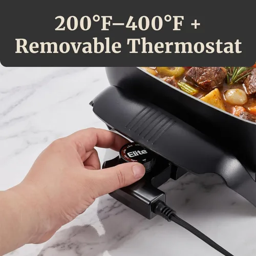 Miniatura 6 de Elite Gourmet Sartén eléctrica de cerámica sin PFAS, extra profunda de 12 x 12 x 3 pulgadas, menos salpicaduras, apto para lavavajillas, calor