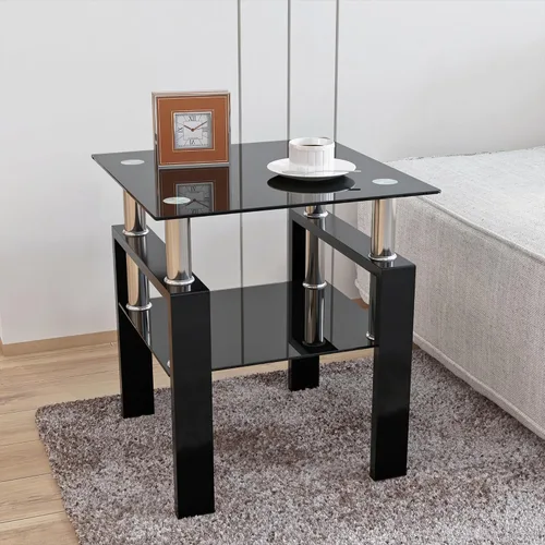 Miniatura 6 de Mesa auxiliar moderna de vidrio templado, mesa de centro cuadrada para sala de estar, mesa de té de cristal, mesa auxiliar de sofá (negro, 1 unidad)