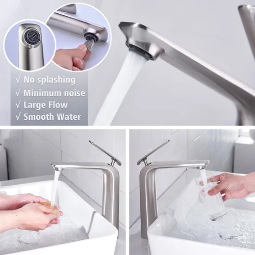 Miniatura 3 de TOCALOCA Grifo de lavabo alto, grifo mezclador de latón de alta calidad, níquel cepillado de una sola manija, 1 agujero, moderno comercial