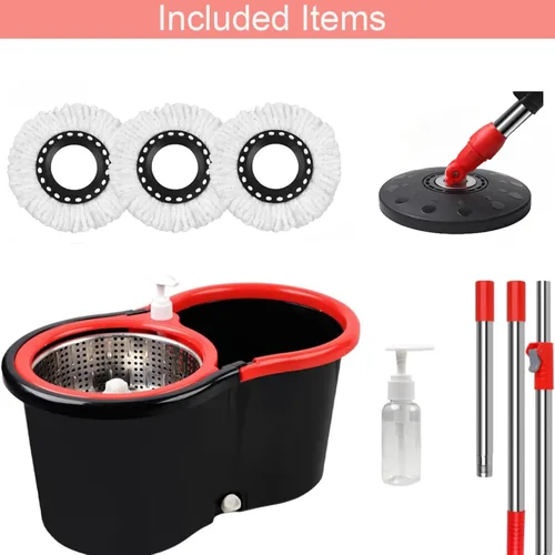 Miniatura 6 de Trapeador giratorio y cubo con juego de escurridor, sistema de cubo giratorio de 360° con 3 cabezales de repuesto de mopa de microfibra, mango