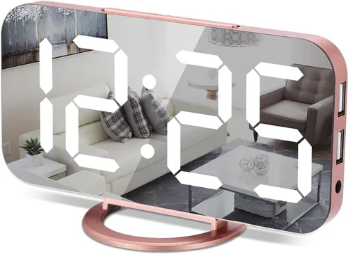 Miniatura 9 de Reloj despertador digital, relojes electrónicos con espejo LED de 7 pulgadas, con 2 puertos de carga USB, modo de suspensión, ajuste automático