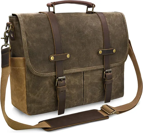 Miniatura 12 de Bolso mensajero para hombre de 15.6 pulgadas, impermeable, de cuero auténtico, encerado, maletín de lona grande, bolso de hombro de cuero resistente