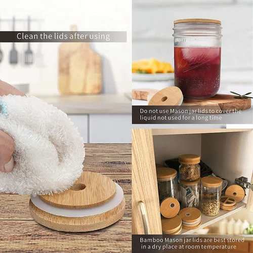 Miniatura 6 de Tapas de tarro Mason con orificio para pajita, tapas de bambú para lata de cerveza de vidrio, CNVOILA ECO tapas de tarro de bambú reutilizables