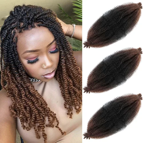 Miniatura 28 de Cabello afro trenzado elástico color marrón claro de 16 pulgadas, paquete de 3 T27, cabello afro preesponjado y trenzado elástico, cabello afro