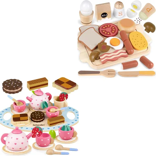 Airlab Comida de juguete de madera para niños pequeños 3-5 juegos de desayuno y juego de fiesta de té de madera juguetes de princesa