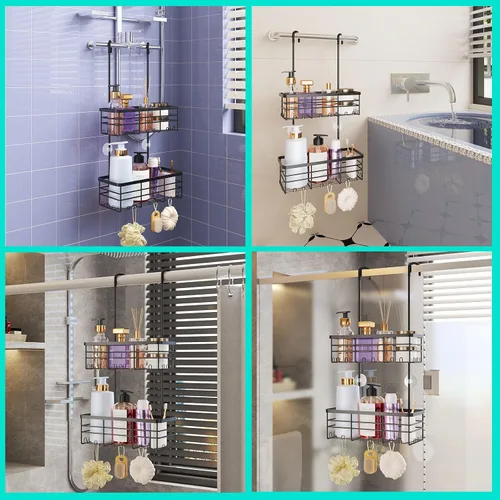 Miniatura 3 de HapiRm Organizador de ducha colgante - Organizador de ducha sin perforaciones con ganchos, estantes de baño de acero inoxidable 304 a prueba de Negro