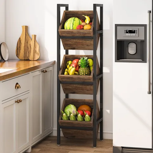 Miniatura 2 de LITTLE TREE Soporte de Cesta de 3 Niveles, Unidad de Estantería de Pie de Madera, Organizador de Almacenamiento Rústico de Pie para Cocina, Baño