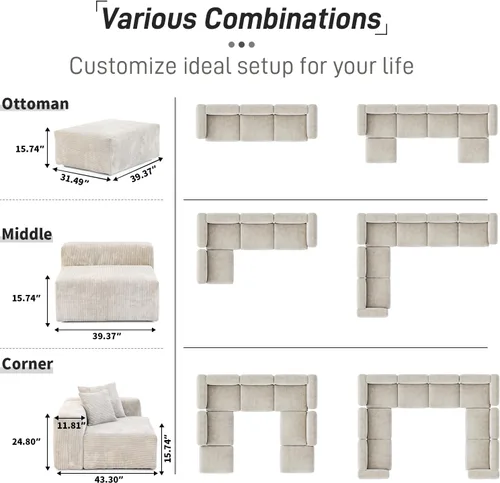 Miniatura 2 de WJShome Cloud Couch Sofá Seccional Modular, Sofá en Forma de L de 102 pulgadas con Otomana, Sofá de Pana Beige de 3 Asientos, Sofá Seccional