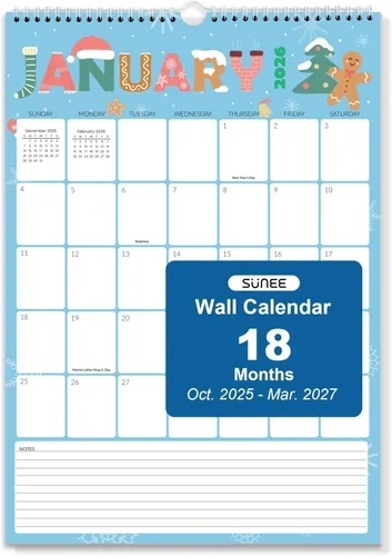 Miniatura 7 de SUNEE Calendario de pared 2026 de 18 meses, octubre de 2025 a marzo de 2027, 14.5 x 11.5 pulgadas, cuadrícula grande para colgar con papel grueso