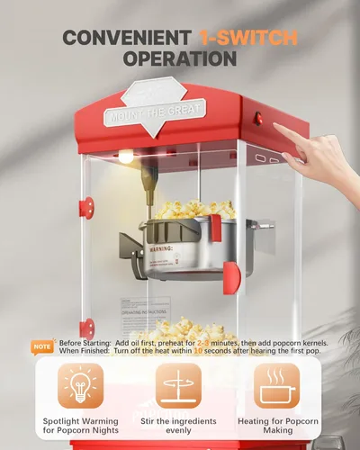 Miniatura 6 de Carro de máquina de palomitas de maíz de 10 onzas, máquina para hacer palomitas con rueda y hervidor de acero inoxidable que hace hasta 40 tazas