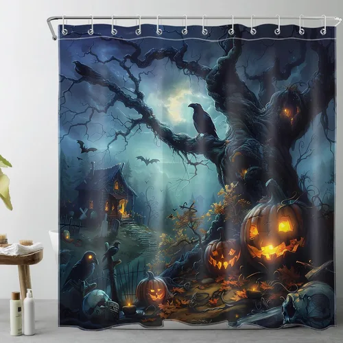 Miniatura 34 de HVEST Cortina de ducha de Halloween, linterna de calabaza y gnomo, cortina de ducha de baño, cortina de ducha de murciélago y araña, decorativa