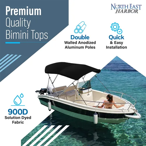 Miniatura 2 de NEH - Bimini Tops de 3 lazos para barcos, postes de soporte, lona marina 900D a prueba de decoloración, funda de almacenamiento universal para Negro