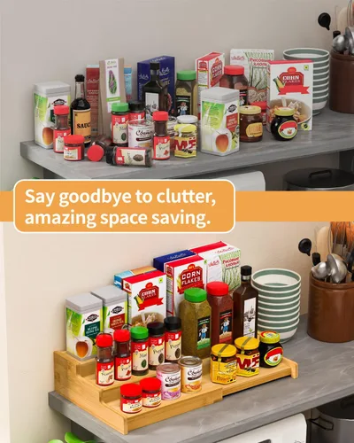 Miniatura 2 de VenDotbi Estante de especias, organizador de especias de bambú expandible de 3 niveles para gabinete, organizador de almacenamiento de cocina
