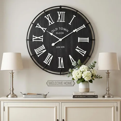 Miniatura 11 de EMAX HOME Reloj de pared grande de granja de 20 pulgadas, cara de grano de madera envejecida negra rústica con números romanos blancos, movimiento