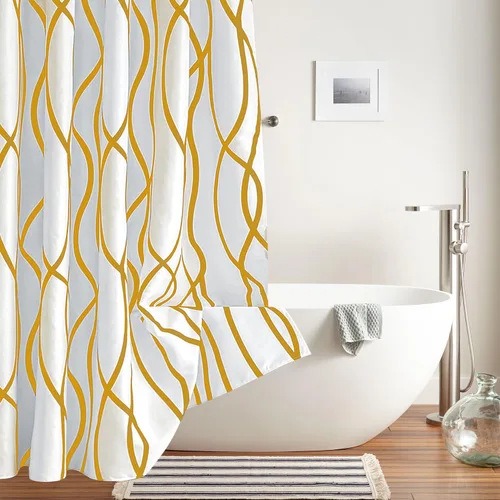 Miniatura 7 de Biscaynebay - Cortina de ducha extralarga de tela texturizada de 72 x 72 pulgadas, cortinas de baño modernas de lino con rayas doradas impresas