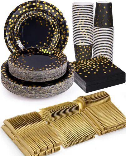 Miniatura 8 de 224 piezas de suministros para fiestas, platos de fiesta negros y dorados, juegos de vasos y servilletas con cuchillos, tenedores y cucharas