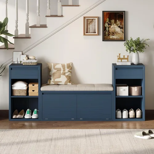 Miniatura 14 de SOFTSEA Banco de Almacenamiento Tapizado, Otomana de Almacenamiento con Cesta Removible y 2 Cajones, Banco de Zapatos de Estilo Granja con Cojín