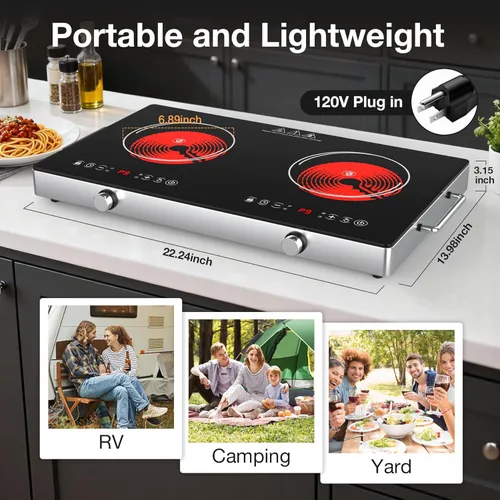 Miniatura 2 de Placa de Cocción Eléctrica de 2 Quemadores - Placa de Cocina Eléctrica de 12 Pulgadas con Enchufe, Quemadores de Encimera de 2100W y Placa de Cocina